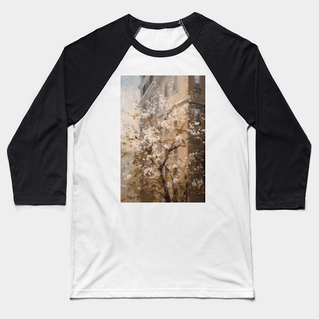 Spring's Arrival: Blossom Tree in Front of a Building Baseball T-Shirt by simonrudd